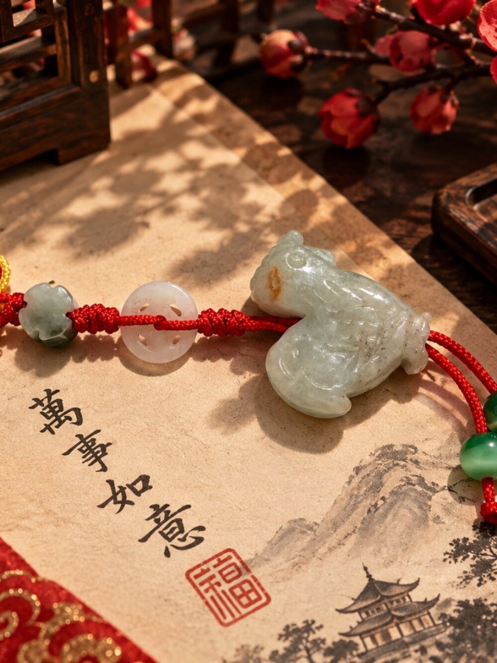 Vintage Hand-Carved Jade Rooster Charm Chinese Knot Phone Strap / Bag Charm